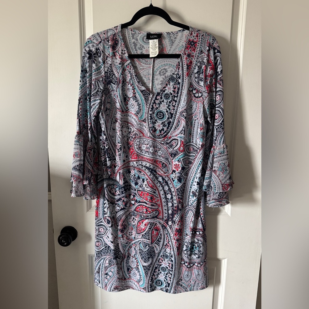 MSK Paisley V-Neck Midi Dress in Red, Navy & Teal